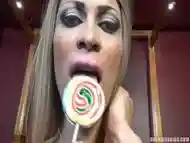 Shemale Eats Candy And Jerks Off