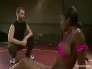 Chocolate boy with boobs penatrates dude''s anus on ring