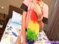 Ladyboy maid cleans a white cock with her mouth before anal