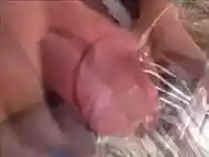 Amazing blonde shemale fills a glass with her warm piss