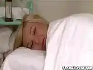 Beautiful blonde shemale seduced with a massage and fucked bareback