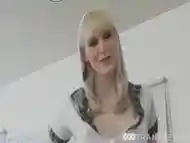 Blonde shemale schoolgirl rides her professor hardcore in an office