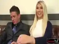 Blonde transgender babe feeds sub her cock