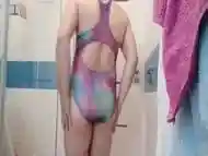 Boy cum on one piece swimsuit his girlfrend