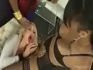 Busty blonde girl goes crazy in a threesome with trannies