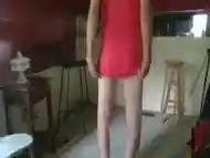 CD in a tight red dress without panties has a fem ass, hips.