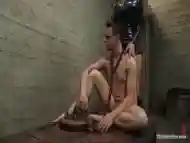 Chained up slave worships shemale mistress ass and leather boots