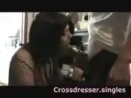 Crossdressing shemale in fishnet lingerie chokes deepthroating a big cock