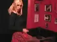 Dazzling blonde shemale in a sexy skirt facialized after fucking