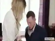 Dazzling blonde shemale sucks a man off before being railed