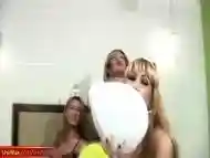 Four horny chicks with dicks have sexy party in bed