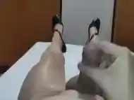 High heels, pantyhose, cum in shoes,  fetish, handjob