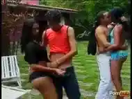 Kinky latina shemales have butt fuck group sex in backyard