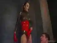 Latex tranny Domme viciously fingers and fucks slave in chastity