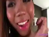 Lustful Asian shemale  teases with her slim body and masturbates