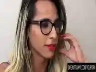 Naughty shemale with glasses pounded after sucking a guy off