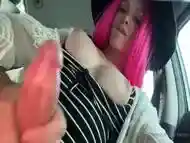 Pink Haired Sexy Tranny Babe Gets Handjob in Car