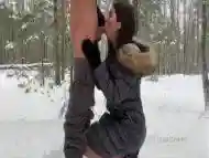 Sex in the winter snowy forest, beauty got hot cum on her face