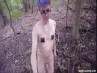 Sissy femboy naked and lubed up on a public trail in the woods - ASS FUCK and PISS