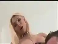 Stunning blonde t-girl in corset enjoys a wild cock ride