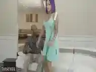 Stunning shemale with purple hair riding a big black cock