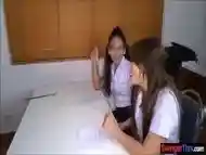 Thai student ladyboy fucks her girl classmates pussy