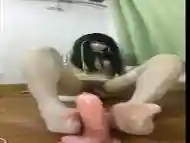 Ugly masked Japanese tranny has fun with a sex toy