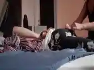 Verbal blonde DOMINATES his ASS - Strapon fuck him off the bed!