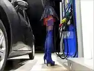 Crossdresser Mini Skirt in Public --Gas station--