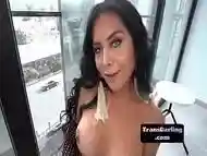 Curvy latin trans beauty sucking dick while jerking off