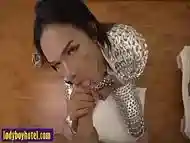 Futuristic Asian tranny sucks a white guys hard cock