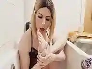 Hot Shemale Jessica Bloom Cleans Spit, Milk, Cum &amp_ Pee from her own Feets