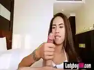 Skinny and long legged Thai ladyboy with a perfect face shows off her sporty body then gets fucked