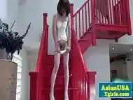 Solo lingerie ladyboy wanks on the staircase