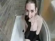 Toilet slut Jenby Doll pees and drinks piss from champagne glass