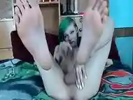 Transgirl shows feet, then cums and eats it.