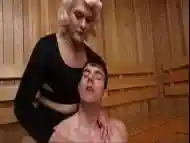 Blonde trans babe fucks her bottom bitch in the sauna