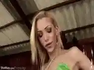 Irresistible shemale blonde with great tits puts her dick in the cake