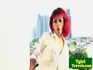 Busty black tgirl with redhair jerking