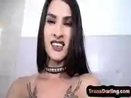 Busty latina trans babe with booty jerks during solo session