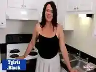 Chubby black tgirl tugging dick in kitchen