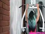 Ebony blue hair tgirl jerks cock after workout