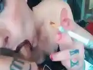 Hot FEMBOY Smokes & SUCKS 9'' Dildo