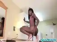 Smalltitted black tgirl masturbates