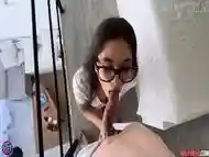 a girl with glasses is cowardly with big milkings during sex on camera